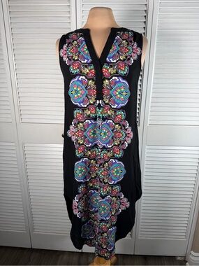 CUPIO Boho Print Midi Dress Sleeveless Hi Low Button Front Small
